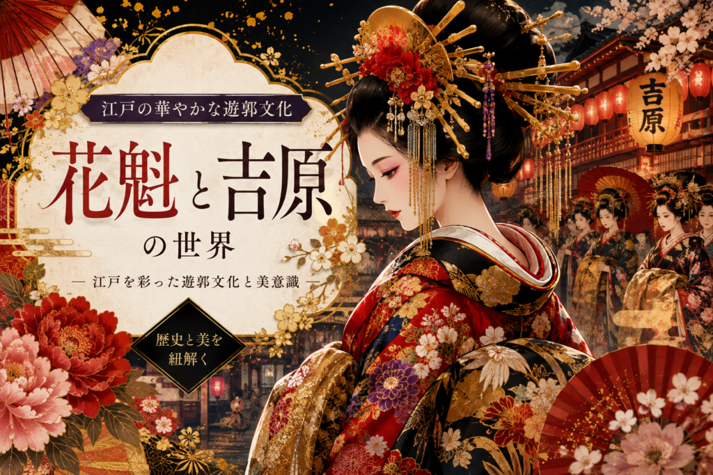 江戸時代の吉原を背景に豪華な着物と簪をまとった花魁を描いた和風イラスト。江戸文化なら和ごころの美